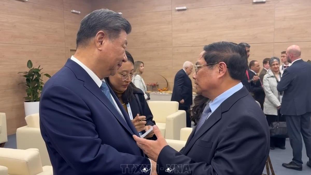 Thủ tướng Phạm Minh Chính gặp Tổng Bí thư, Chủ tịch Trung Quốc Tập Cận Bình nhân dịp tham dự Hội nghị các Nhà lãnh đạo Nhóm BRICS mở rộng tại Kazan, LB Nga (23/10/2024)