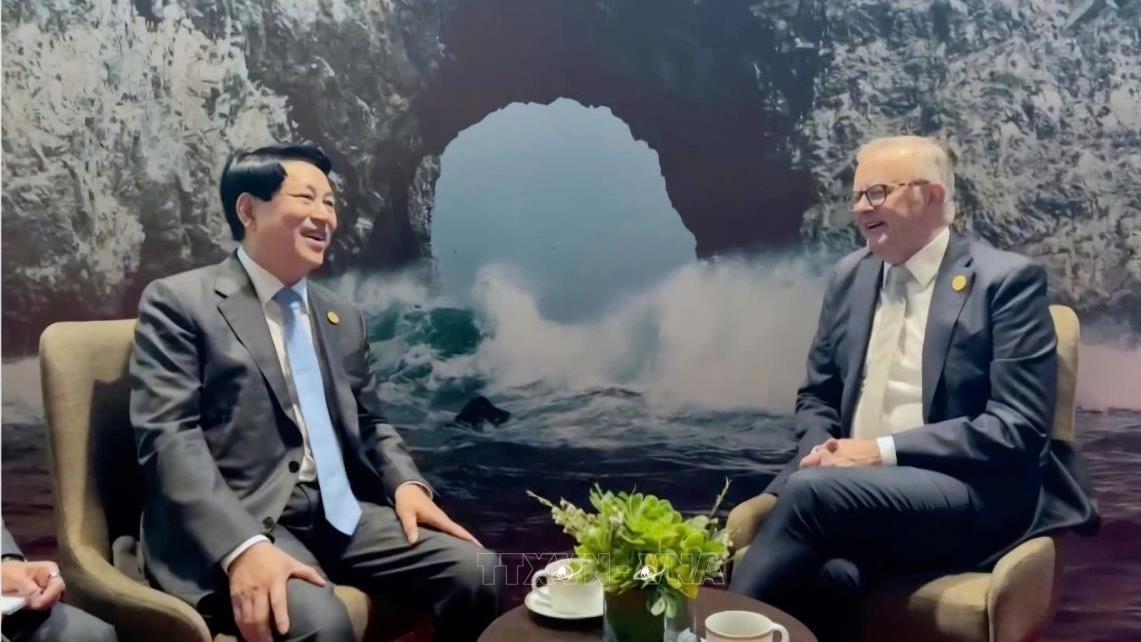Chủ tịch nước Lương Cường gặp Thủ tướng Australia Anthony Albanese nhân dịp tham dự Tuần lễ cấp cao APEC 2024 tại Lima, Peru (15/11/2024)