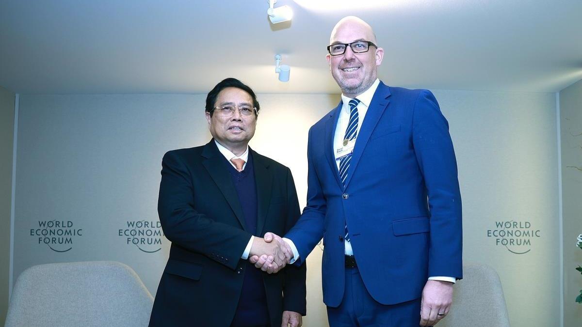 Thủ tướng Phạm Minh Chính gặp Thủ tướng Liechtenstein, nhân chuyến tham dự Hội nghị thường niên Diễn đàn Kinh tế thế giới - WEF Davos lần thứ 55 (22/1/2025)