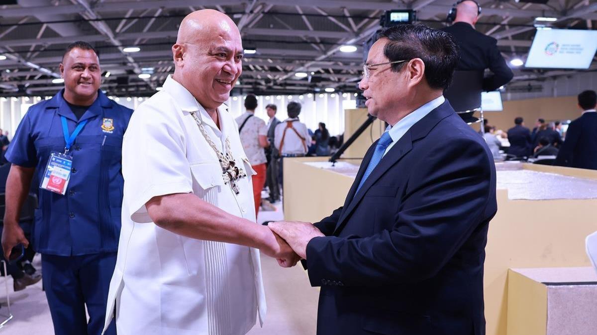 Thủ tướng Phạm Minh Chính gặp Thủ tướng Tuvalu Feleti Penitala Teo nhân dịp dự Hội nghị Đại dương Liên hợp quốc tại Pháp (9/6/2025)