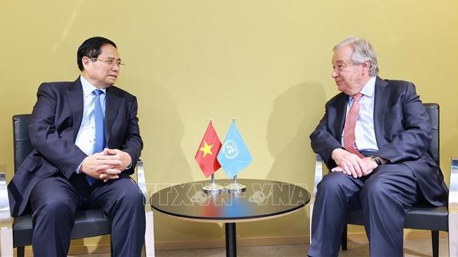 Thủ tướng Phạm Minh Chính gặp Tổng Thư ký Liên hợp quốc nhân dịp dự Hội nghị Cấp cao lần thứ 3 của Liên hợp quốc về Đại dương (UNOC 3) tại Pháp (9/6/2025)