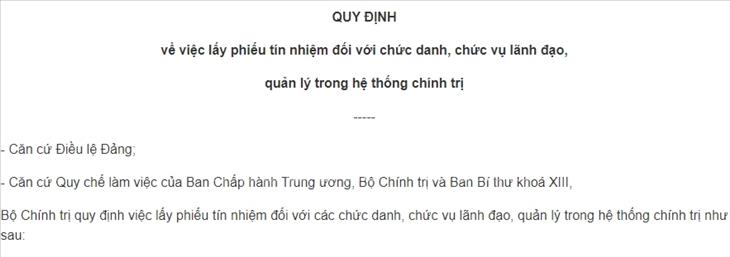 Quy định số 96-QĐ/TW ngày 2/2/2023 của Bộ Chính trị về việc lấy phiếu tín nhiệm đối với chức danh, chức vụ lãnh đạo, quản lý trong hệ thống chính trị