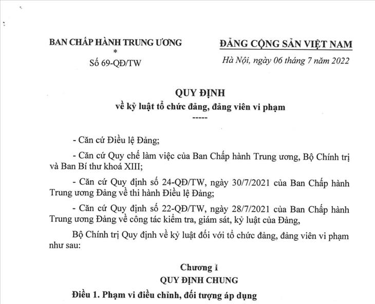 Quy định số 69-QĐ/TW ngày 06/7/2022 của Bộ Chính trị về kỷ luật tổ chức đảng, đảng viên vi phạm