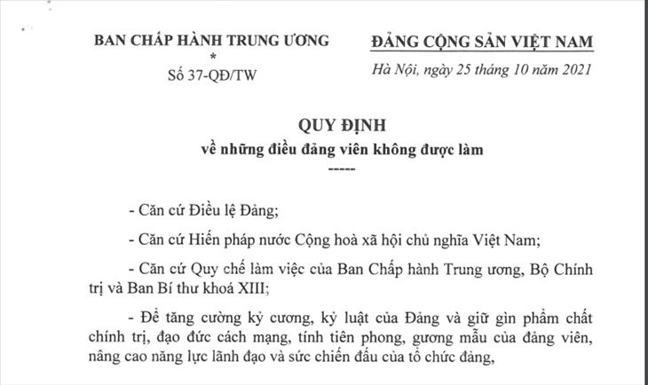 Quy định số 37-QĐ/TW ngày 25/10/2021 của Ban Chấp hành Trung ương về những điều đảng viên không được làm