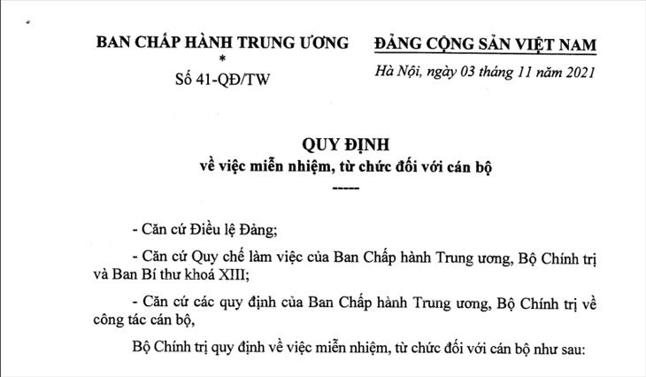 Quy định số 41-QĐ/TW ngày 03/11/2021 của Bộ Chính trị về việc miễn nhiệm, từ chức đối với cán bộ