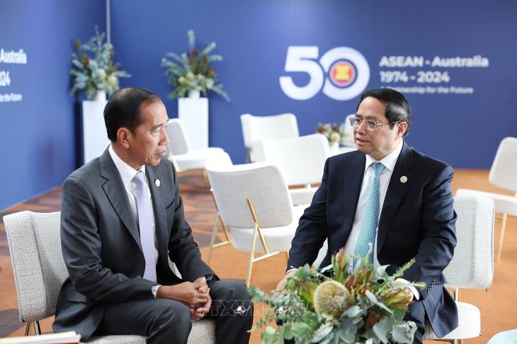 Thủ tướng Phạm Minh Chính gặp Tổng thống Indonesia Joko Widodo nhân dịp tham dự Hội nghị Cấp cao Đặc biệt kỷ niệm 50 năm quan hệ ASEAN-Australia (5-6/3/2024)