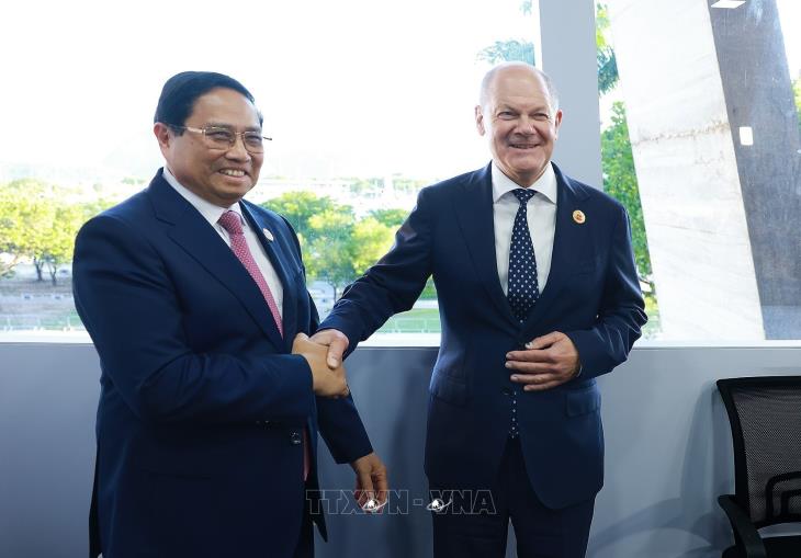Thủ tướng Phạm Minh Chính gặp Thủ tướng Đức Olaf Scholz nhân dịp tham dự Hội nghị thượng đỉnh G20 tại Brazil (18/11/2024)