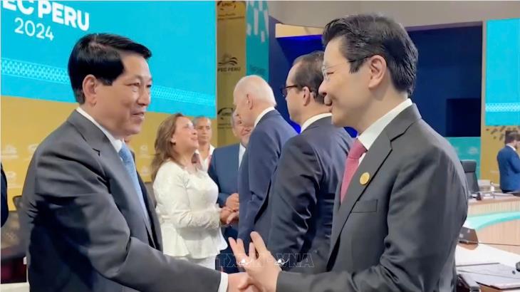 Chủ tịch nước Lương Cường gặp Thủ tướng Singapore Lawrence Wong nhân dịp tham dự Tuần lễ cấp cao APEC 2024 tại Lima, Peru (15/11/2024)