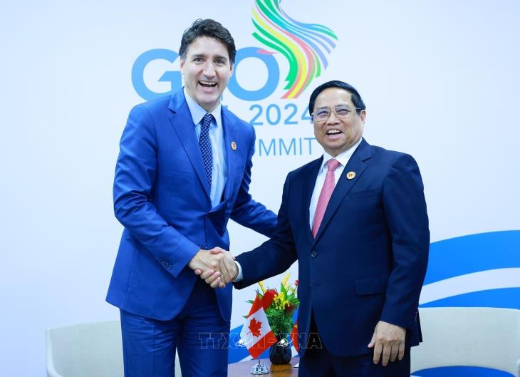 Thủ tướng Phạm Minh Chính gặp Thủ tướng Canada Justin Trudeau nhân dịp tham dự Hội nghị thượng đỉnh G20 tại Brazil (19/11/2024)