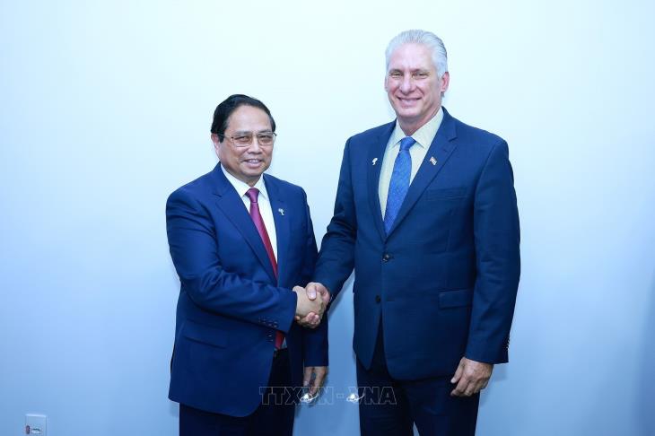 Thủ tướng Phạm Minh Chính hội kiến với Chủ tịch Cuba Miguel Diaz Canel Bermudez nhân dự Hội nghị BRICS tại Brazil (6/7/2025)